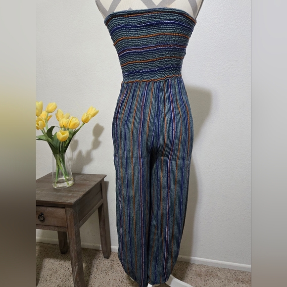 Urban Outfitters Striped Strapless Smocked Jumpsuit with Ankle Ties - Picture 6 of 10